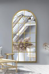 "MirrorOutlet The Arcus Gold metal Arched Window Leaner / Wall Mirror 71"" X 33.5"" (180x85CM) - Size: 1 Pack" - thumbnail 1