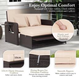 Costway Patio Rattan Daybed Set Wicker Loveseat Sofa w/Ottoman & Side Tray in Brown - thumbnail 9