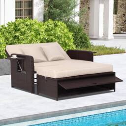 Costway Patio Rattan Daybed Set Wicker Loveseat Sofa w/Ottoman & Side Tray in Brown - thumbnail 3