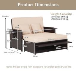 Costway Patio Rattan Daybed Set Wicker Loveseat Sofa w/Ottoman & Side Tray in Brown - thumbnail 2