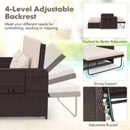 Costway Patio Rattan Daybed Set Wicker Loveseat Sofa w/Ottoman & Side Tray in Brown - thumbnail 8
