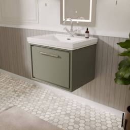 Balterley Bathroom Wall Hung Single Drawer Vanity, Fireclay Basin, Green, 600mm in Green - thumbnail 4