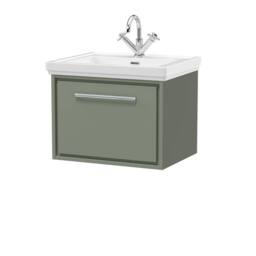 Balterley Bathroom Wall Hung Single Drawer Vanity, Fireclay Basin, Green, 600mm in Green - thumbnail 1