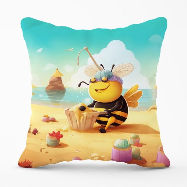 Warren Reed - Designer Bumblebee On A Beach Holiday Outdoor Cushion in Yellow - Size: 45 cm x 45 cm - image 1