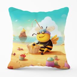 Warren Reed - Designer Bumblebee On A Beach Holiday Outdoor Cushion in Yellow - Size: 45 cm x 45 cm - thumbnail 1