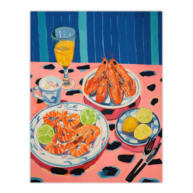 "Wee Blue Coo Wall Art Print Party Shrimp Oil Painting Yellow Pink Blue Dinner Served on Leopard Table Poster - Size: W24"" x H32""" - image 1