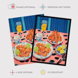 "Wee Blue Coo Wall Art Print Party Shrimp Oil Painting Yellow Pink Blue Dinner Served on Leopard Table Poster - Size: W24"" x H32""" - thumbnail 2