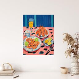 "Wee Blue Coo Wall Art Print Party Shrimp Oil Painting Yellow Pink Blue Dinner Served on Leopard Table Poster - Size: W24"" x H32""" - thumbnail 4