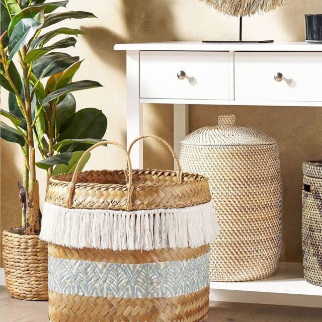 Wyld and Coco Boho Bamboo Basket 42cm Natural with Blue Pattern and Handles - image 1