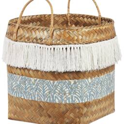 Wyld and Coco Boho Bamboo Basket 42cm Natural with Blue Pattern and Handles - thumbnail 2