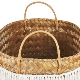 Wyld and Coco Boho Bamboo Basket 42cm Natural with Blue Pattern and Handles - thumbnail 5