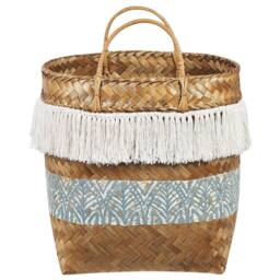 Wyld and Coco Boho Bamboo Basket 42cm Natural with Blue Pattern and Handles - thumbnail 3