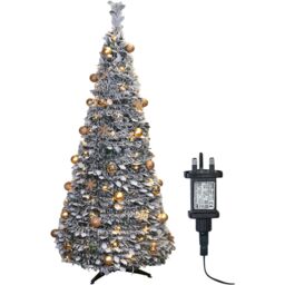 Pegdev Elegant Pop Up Pre Lit Christmas Tree Gold Baubles 200 Warm LEDs Frosted Leaves Timer 2.1m in Green