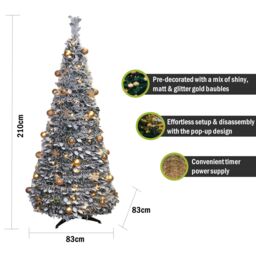 Pegdev Elegant Pop Up Pre Lit Christmas Tree Gold Baubles 200 Warm LEDs Frosted Leaves Timer 2.1m in Green - thumbnail 2