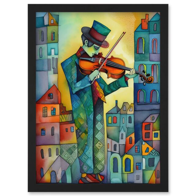 Artery8 Fiddler On The Roof Folk Art Watercolour Painting Artwork Framed Wall Art Print A4 in Black - image 1
