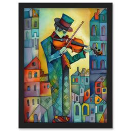 Artery8 Fiddler On The Roof Folk Art Watercolour Painting Artwork Framed Wall Art Print A4 in Black - thumbnail 1