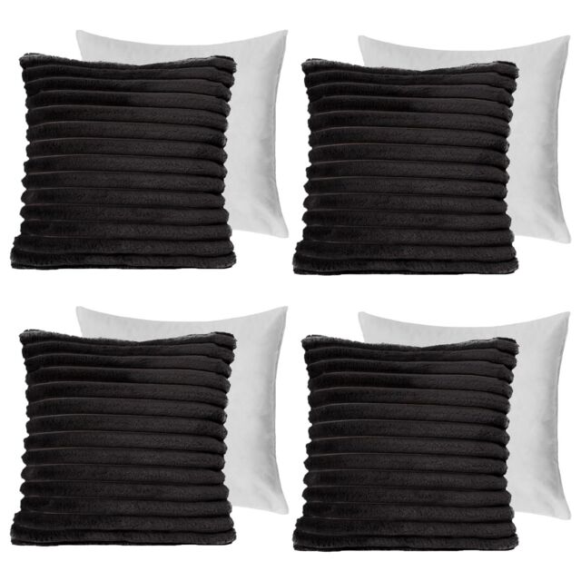 OHS 4 x Faux Fur Thick Rib Filled Cushion Covers in Black - Size: 45 cm x 45 cm - image 1
