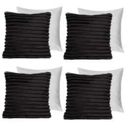 OHS 4 x Faux Fur Thick Rib Filled Cushion Covers in Black - Size: 45 cm x 45 cm