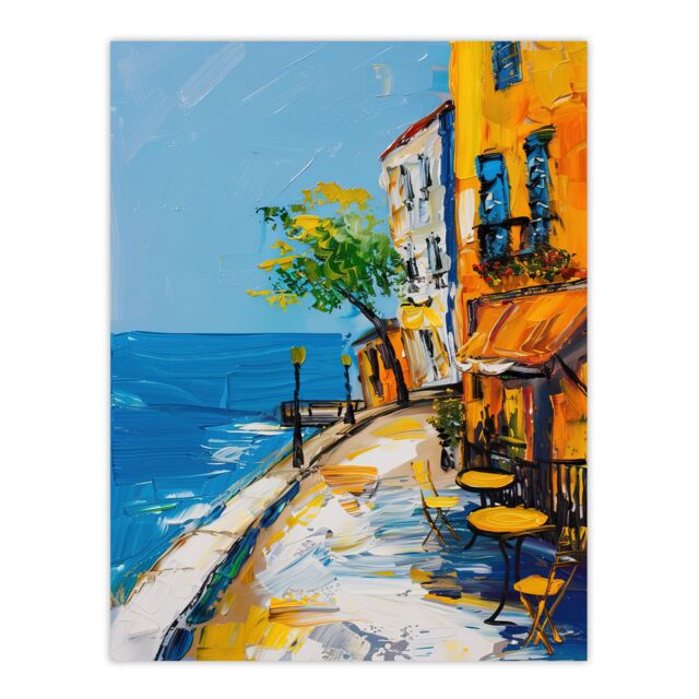 "Artery8 French Seaside Town Cafe Street Oil Painting Wall Art Print in Blue - Size: W18"" x H24""" - image 1