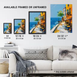 "Artery8 French Seaside Town Cafe Street Oil Painting Wall Art Print in Blue - Size: W18"" x H24""" - thumbnail 3