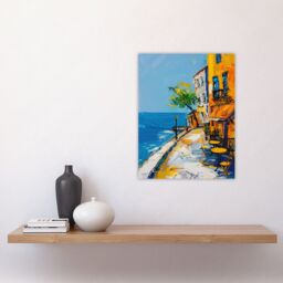 "Artery8 French Seaside Town Cafe Street Oil Painting Wall Art Print in Blue - Size: W18"" x H24""" - thumbnail 4
