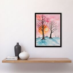 "Artery8 Two Trees Misty Sunset Winter Snow Landscape Framed Wall Art in Pink - Size: W12"" x H16""" - thumbnail 4