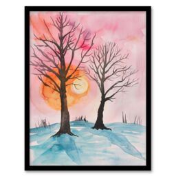 "Artery8 Two Trees Misty Sunset Winter Snow Landscape Framed Wall Art in Pink - Size: W12"" x H16""" - thumbnail 1