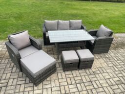 Fimous 8 Seater Rattan Outdoor Garden Furniture Set Rectangular Dining Table & Chair Sofa Set With 3 Footstools in Dark Grey - thumbnail 2