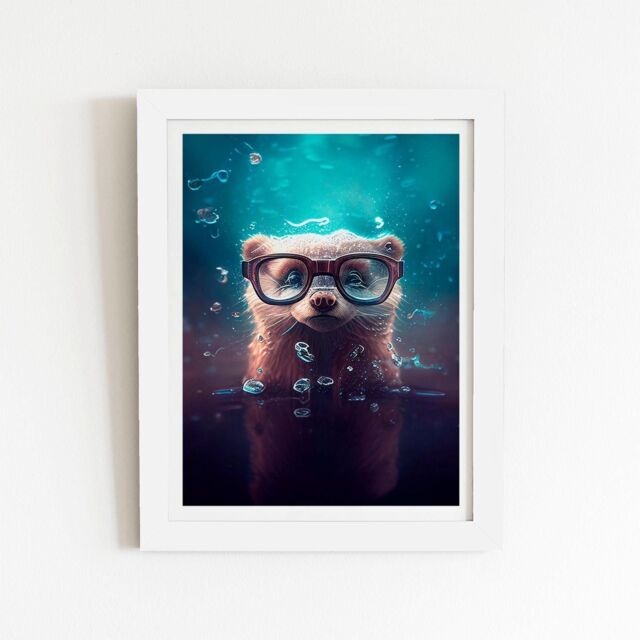 "Warren Reed - Designer Ferret With Glasses Splashart Water Framed Art Print in White - Size: W20"" x H30""" - image 1