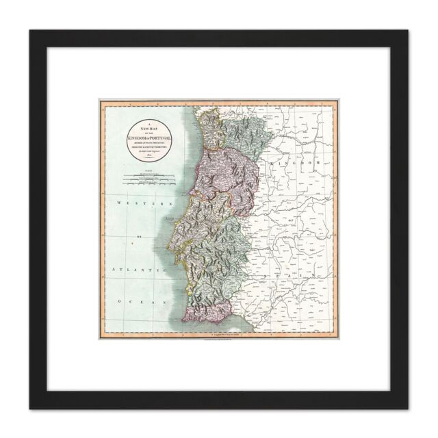 Artery8 Map Antique 1801 Cary Portugal Old Historic Replica 8X8 Inch Square Wooden Framed Wall Art Print Picture with Mount in Black - image 1