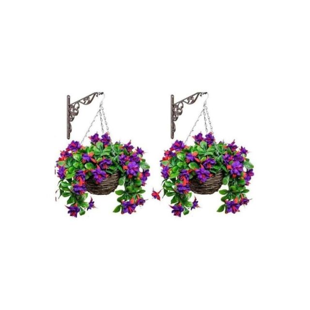 Primrose Pair of Artificial Fuchsia Flowers Rattan Hanging Basket Decoration Purple 25cm in Green - image 1