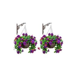 Primrose Pair of Artificial Fuchsia Flowers Rattan Hanging Basket Decoration Purple 25cm in Green - thumbnail 1