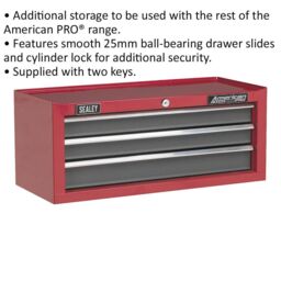 Loops 605 x 260 x 250mm RED 3 Drawer MID-BOX Tool Chest Lockable Storage Unit Cabinet - thumbnail 2