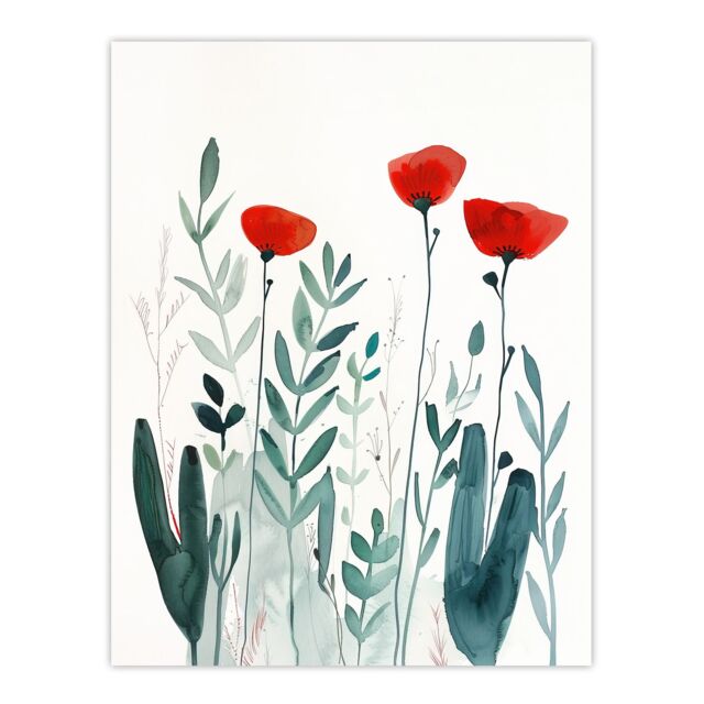 "Artery8 Wild Poppy Flowers Bright Red Teal Watercolour Wall Art Print in Green - Size: W18"" x H24""" - image 1