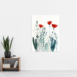 "Artery8 Wild Poppy Flowers Bright Red Teal Watercolour Wall Art Print in Green - Size: W18"" x H24""" - thumbnail 4