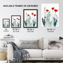 "Artery8 Wild Poppy Flowers Bright Red Teal Watercolour Wall Art Print in Green - Size: W18"" x H24""" - thumbnail 3