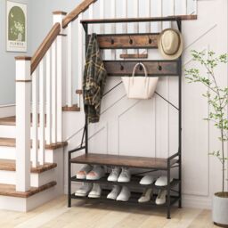 Costway Coat Rack 4-In-1 Hall Tree with 11 Hanging Hooks & Shoe Bench in Brown - thumbnail 8