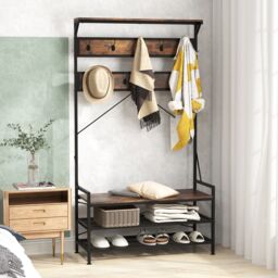 Costway Coat Rack 4-In-1 Hall Tree with 11 Hanging Hooks & Shoe Bench in Brown - thumbnail 9