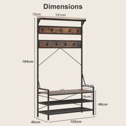 Costway Coat Rack 4-In-1 Hall Tree with 11 Hanging Hooks & Shoe Bench in Brown - thumbnail 2