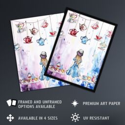 "Artery8 Alice Wonderland Mad Hatter Tea Party Watercolour Wall Art Print in Blue - Size: W24"" x H32""" - thumbnail 2
