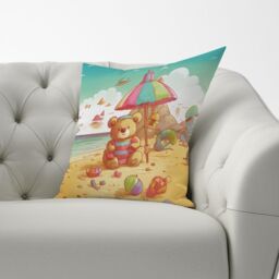 Warren Reed - Designer Teddy Bead On A Beach Holiday Cushions in Yellow - Size: 45 cm x 45 cm - thumbnail 3