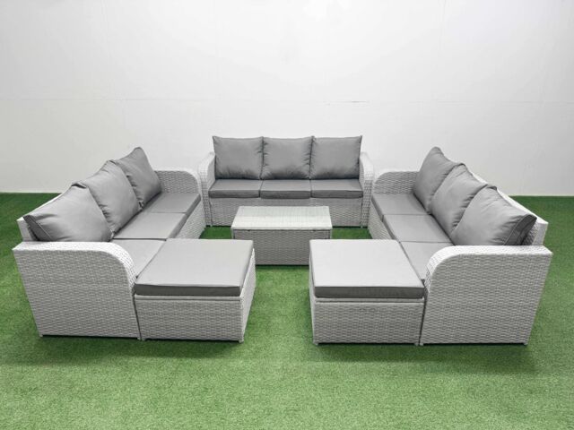 Fimous PE Rattan Lounge Sofa Set 11 Seater Outdoor Garden Furniture Set with Rectangular Coffee Table 3 Seater Sofa 2 Big Footstools Light Grey - image 1