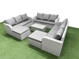 Fimous PE Rattan Lounge Sofa Set 11 Seater Outdoor Garden Furniture Set with Rectangular Coffee Table 3 Seater Sofa 2 Big Footstools Light Grey - thumbnail 2