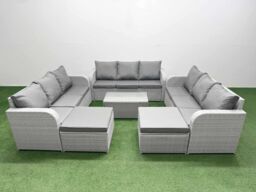 Fimous PE Rattan Lounge Sofa Set 11 Seater Outdoor Garden Furniture Set with Rectangular Coffee Table 3 Seater Sofa 2 Big Footstools Light Grey - thumbnail 1