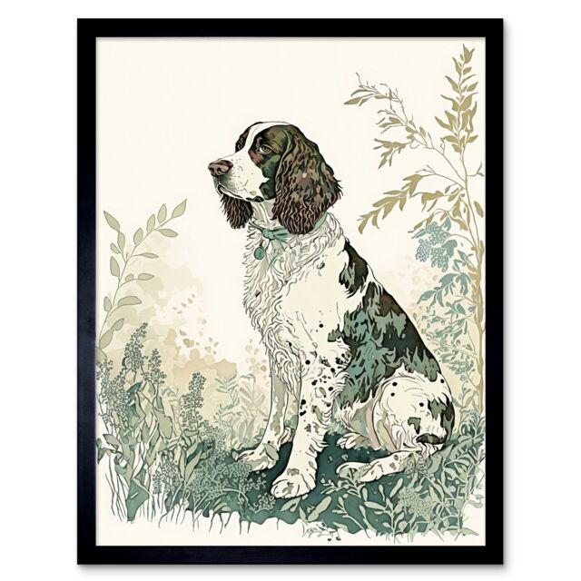 "Artery8 Wall Art Print English Springer Spaniel Dog in Field Modern Pastel Watercolour Art Framed in Black - Size: W12"" x H16""" - image 1