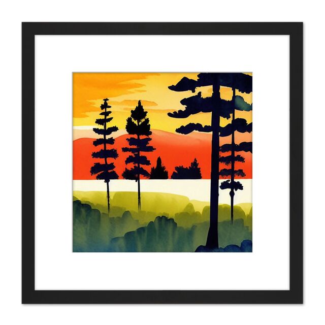 Artery8 Sunset Forest Tree Silhouette Yellow Orange Landscape Watercolour Painting Square Wooden Framed Wall Art Print Picture 8X8 Inch in Black - image 1