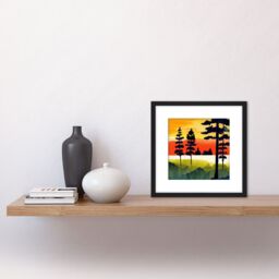 Artery8 Sunset Forest Tree Silhouette Yellow Orange Landscape Watercolour Painting Square Wooden Framed Wall Art Print Picture 8X8 Inch in Black - thumbnail 2