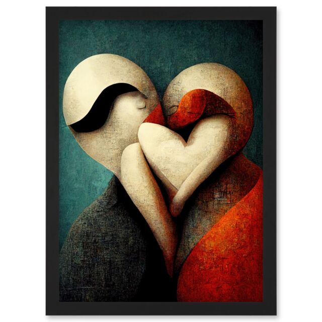 Artery8 Abstract True Love Modern Teal Coral Black Artwork Framed Wall Art Print A4 - image 1