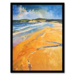 "Artery8 Woolacombe Beach Watercolour Seaside Landscape Framed Art Print - Size: W12"" x H16""" - thumbnail 1