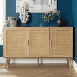 Home Source Sideboard 3 Rattan Doors Solid Wooden Legs Cabinet Home Living Room in Natural - thumbnail 2